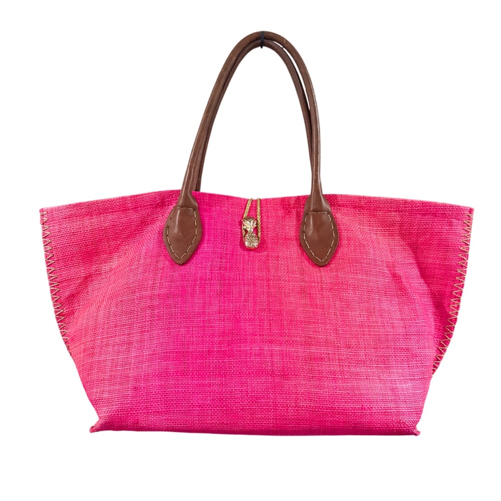 Lilly Pulitzer for Target Pink Woven Tote Bag with Brown Leather Handles